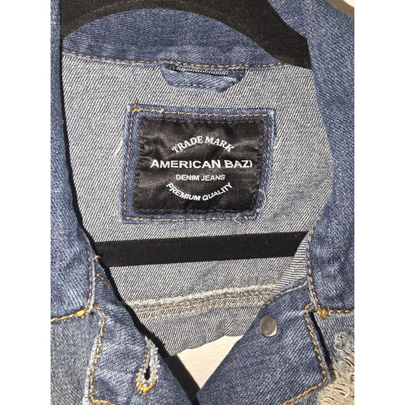 American Bazi Denim Blue Jean Jacket Distressed Long Length With Pockets Size M - Picture 4 of 8